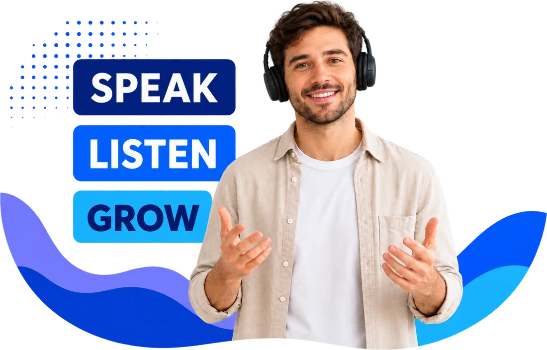 A student speaking English in an online lesson, beside the words Speak, Listen, Grow